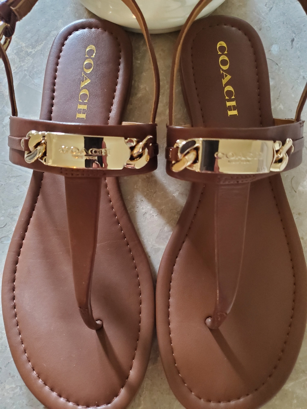 COACH Brown Leather T-Strap Sandals with Gold Accent - Picture 2 of 7